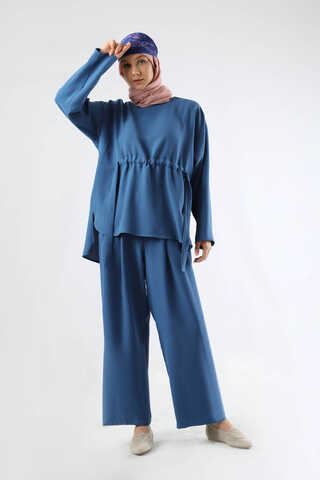 Bağlamalı Büzgü Detaylı Takım İndigo - 1