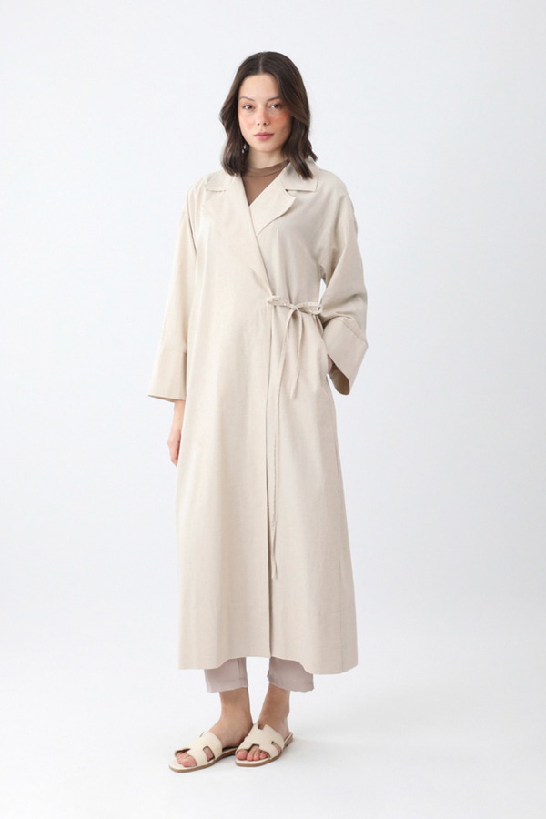 Bağlamalı Keten Trençkot Beyaz - 2