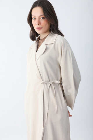 Bağlamalı Keten Trençkot Beyaz - 5