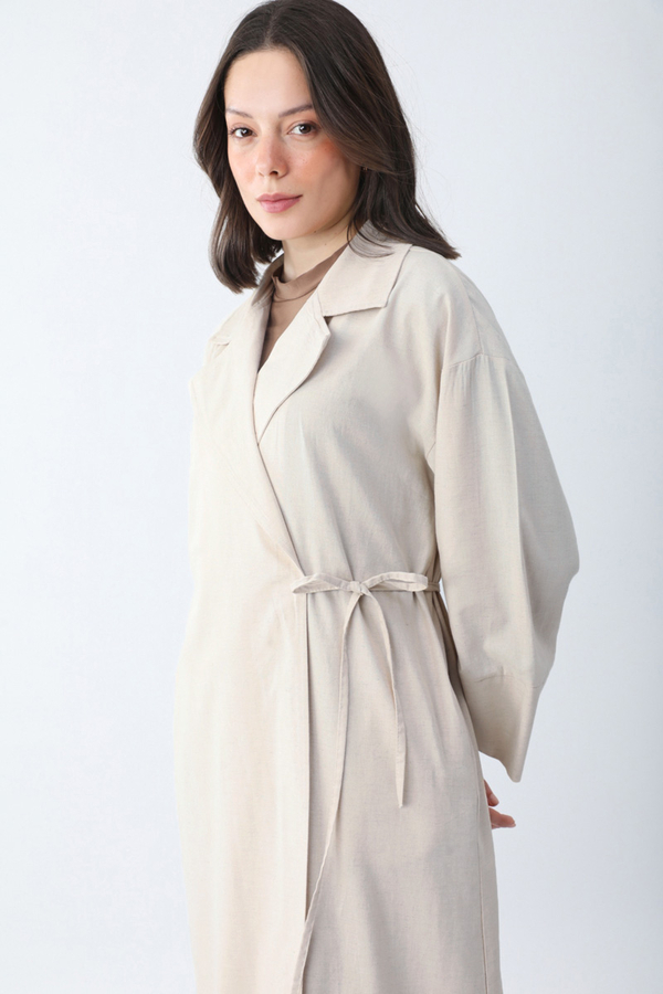 Bağlamalı Keten Trençkot Beyaz - 5