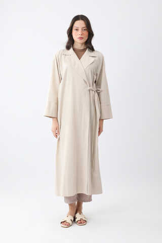 Bağlamalı Keten Trençkot Beyaz - 1