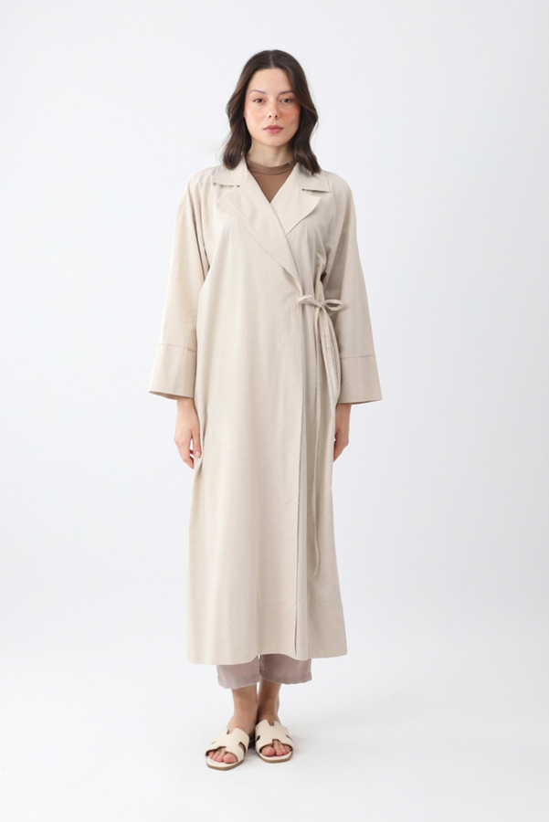Bağlamalı Keten Trençkot Beyaz
