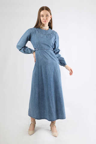 Bağlamalı Kot Elbise Açık Mavi - 1