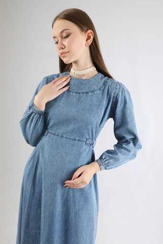 Bağlamalı Kot Elbise Açık Mavi - 2