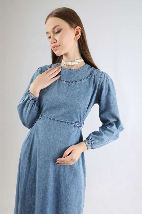 Bağlamalı Kot Elbise Açık Mavi - 2