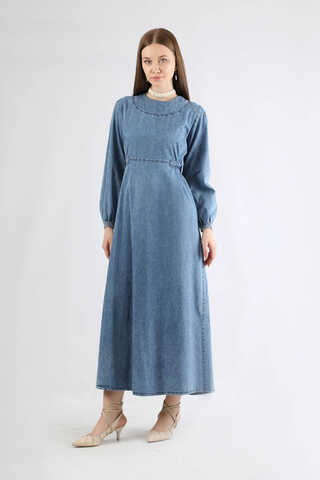 Bağlamalı Kot Elbise Açık Mavi - 3