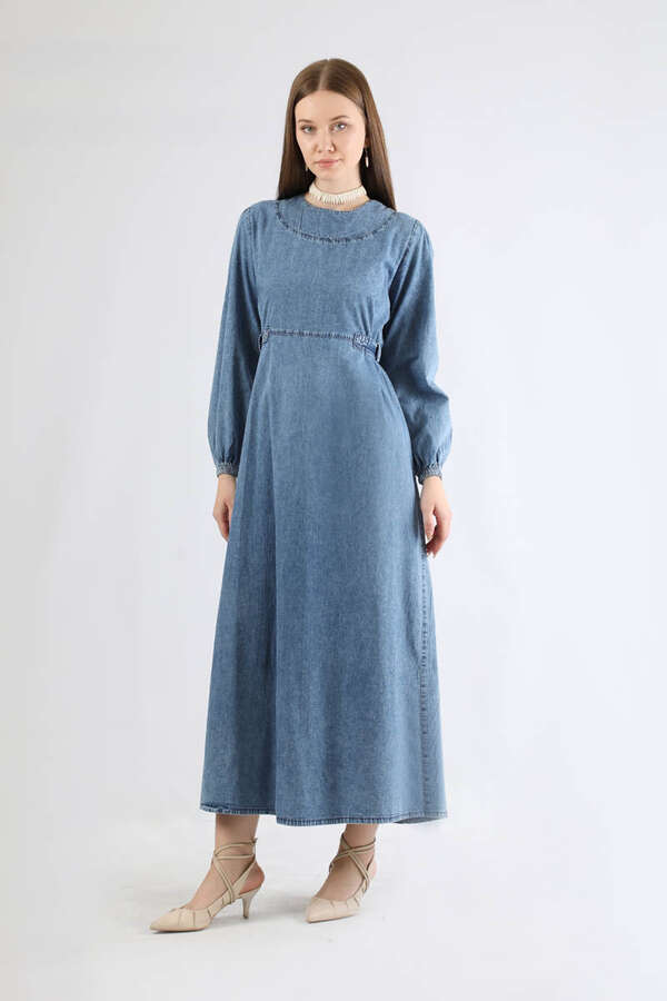 Bağlamalı Kot Elbise Açık Mavi - 3