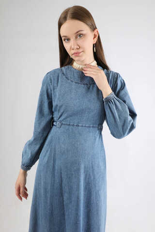 Bağlamalı Kot Elbise Açık Mavi - 4