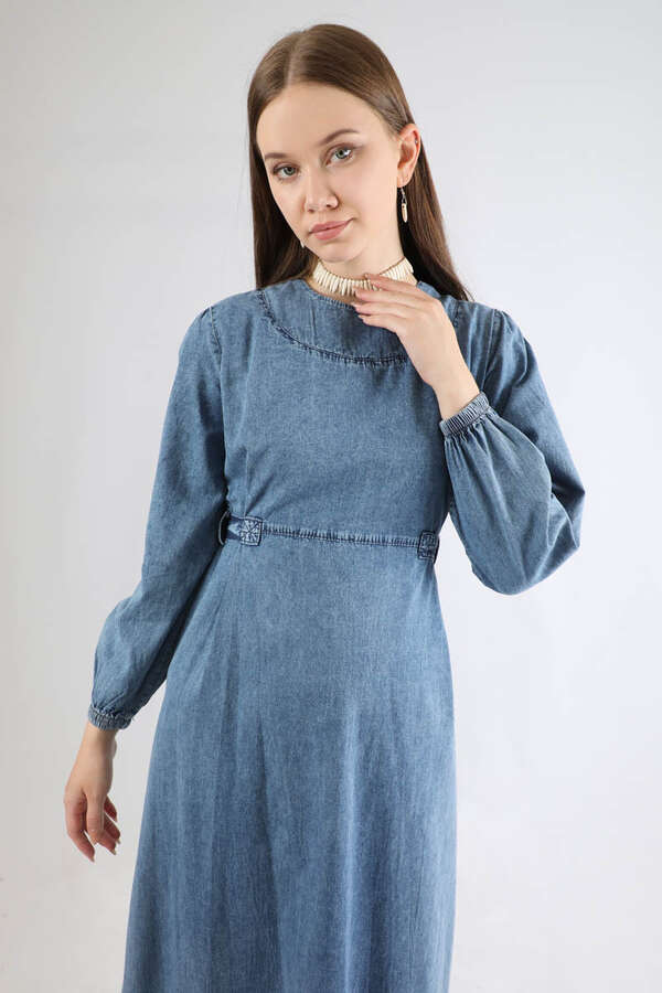 Bağlamalı Kot Elbise Açık Mavi - 4