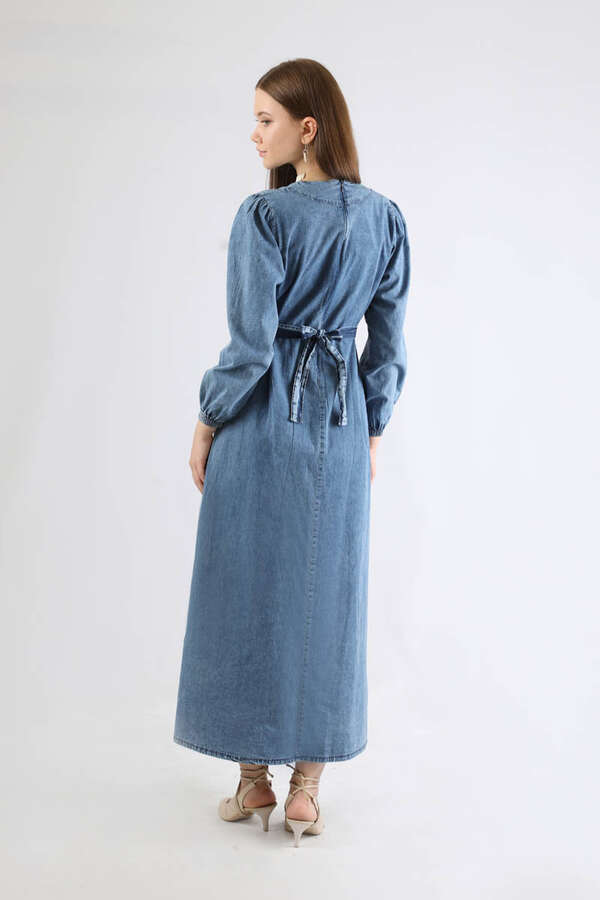 Bağlamalı Kot Elbise Açık Mavi - 6