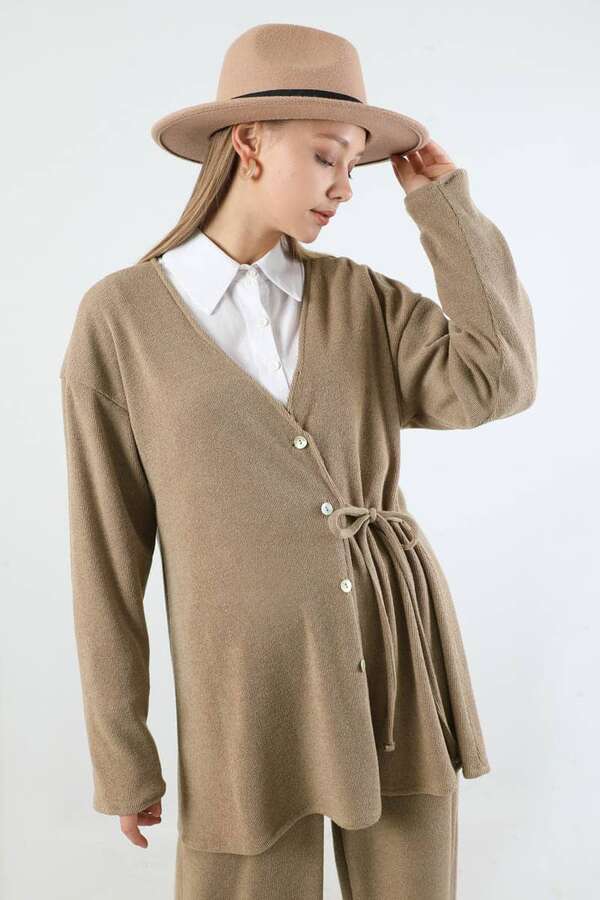 Bağlamalı Örme Hırka Takım Camel - 4