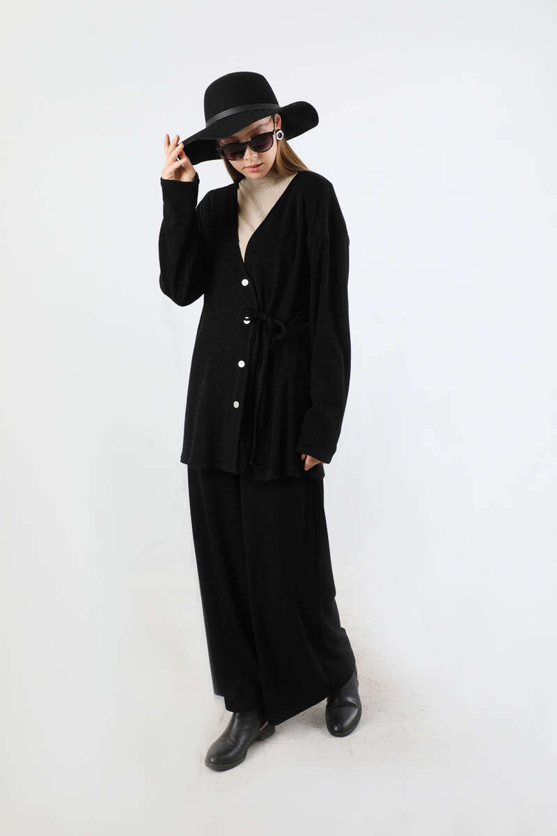 Bağlamalı Örme  Hırka Takım Siyah