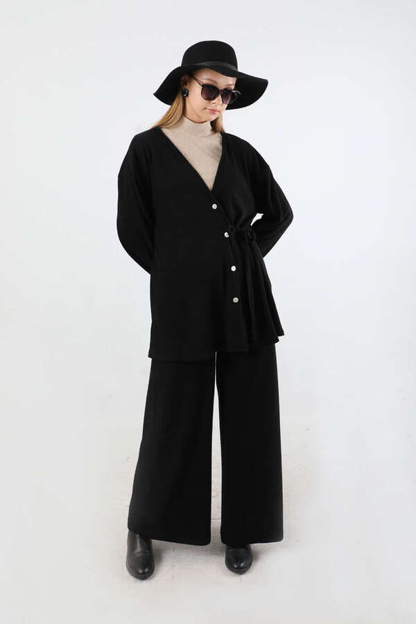 Bağlamalı Örme  Hırka Takım Siyah - 5