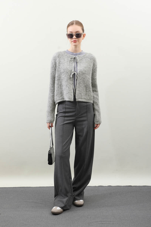 Bağlamalı Peluş Triko Kazak Gri - 1