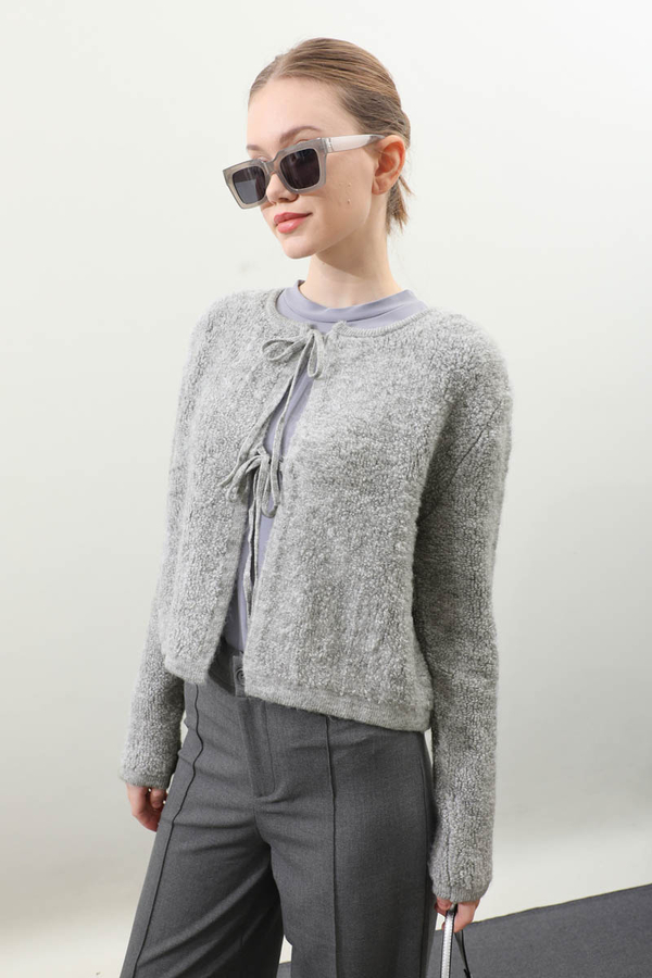 Bağlamalı Peluş Triko Kazak Gri - 3