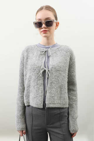 Bağlamalı Peluş Triko Kazak Gri - 4