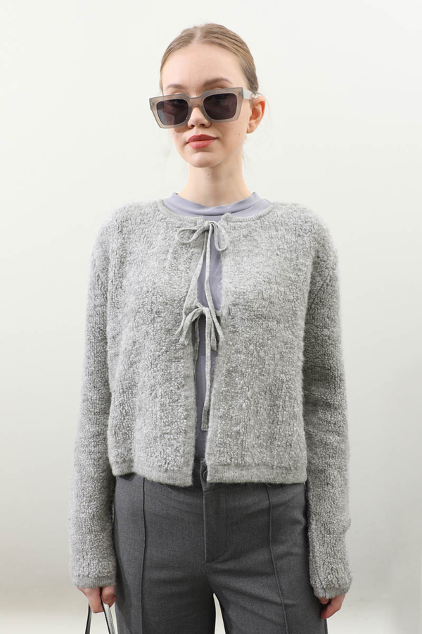 Bağlamalı Peluş Triko Kazak Gri - 4