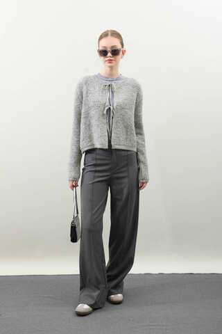 Bağlamalı Peluş Triko Kazak Gri - 1