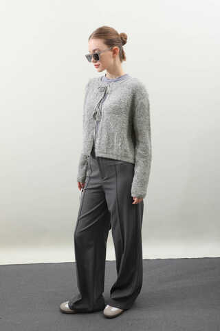 Bağlamalı Peluş Triko Kazak Gri - 2