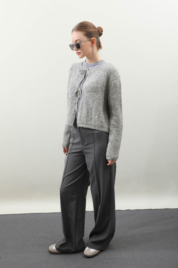 Bağlamalı Peluş Triko Kazak Gri - 2