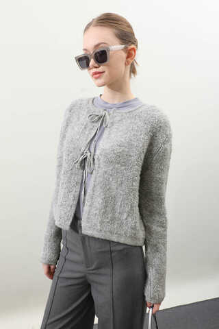 Bağlamalı Peluş Triko Kazak Gri - 3