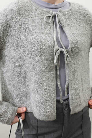 Bağlamalı Peluş Triko Kazak Gri - 5