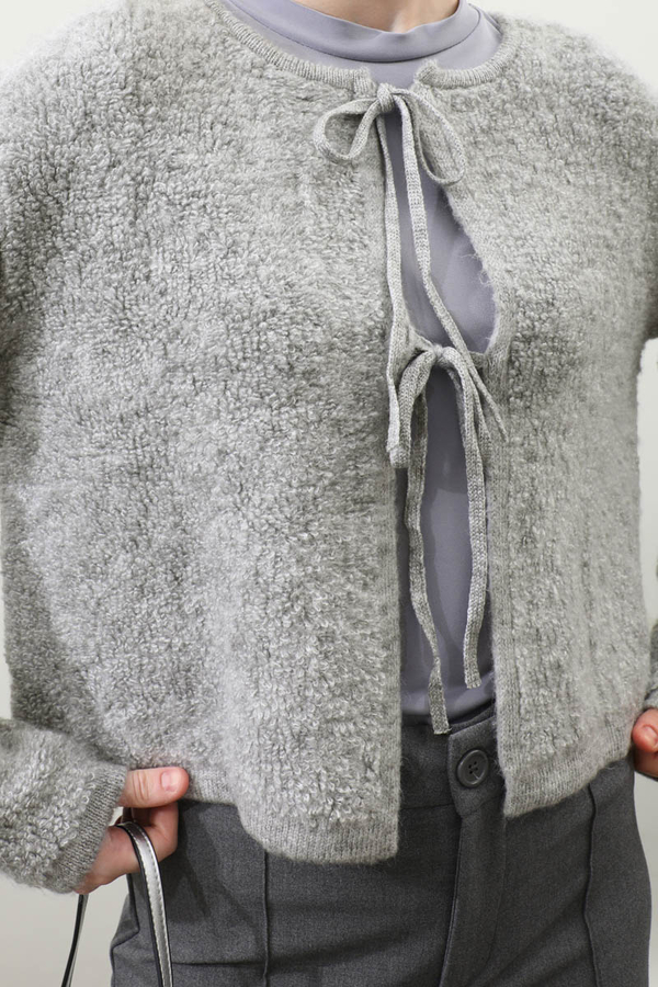 Bağlamalı Peluş Triko Kazak Gri - 5