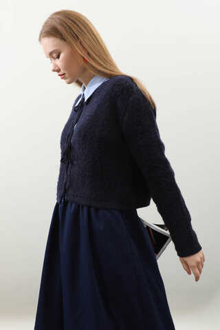 Bağlamalı Peluş Triko Kazak Lacivert - 3