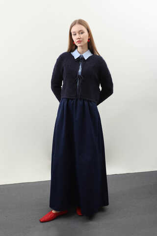 Bağlamalı Peluş Triko Kazak Lacivert - 4