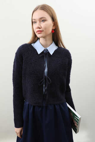 Bağlamalı Peluş Triko Kazak Lacivert - 5