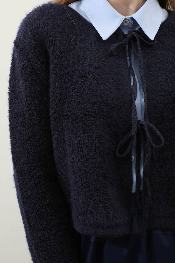 Bağlamalı Peluş Triko Kazak Lacivert - 7