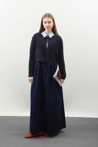 Bağlamalı Peluş Triko Kazak Lacivert - 1