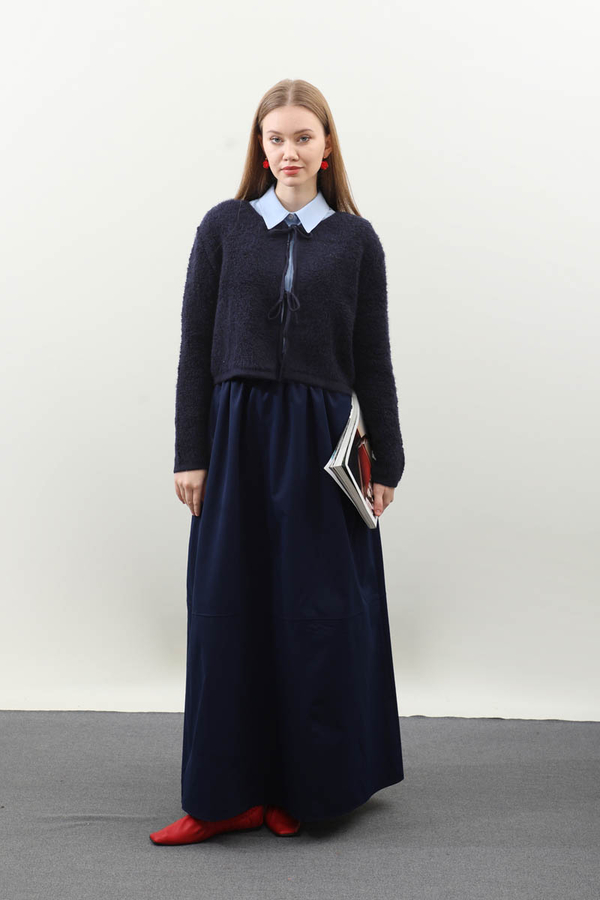 Bağlamalı Peluş Triko Kazak Lacivert - 1