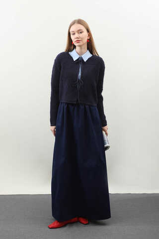 Bağlamalı Peluş Triko Kazak Lacivert - 2