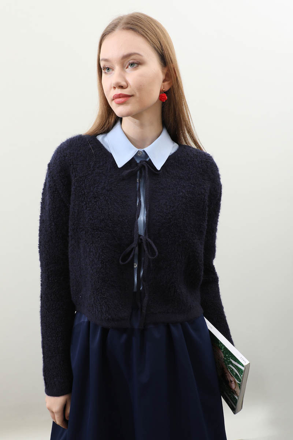 Bağlamalı Peluş Triko Kazak Lacivert - 5