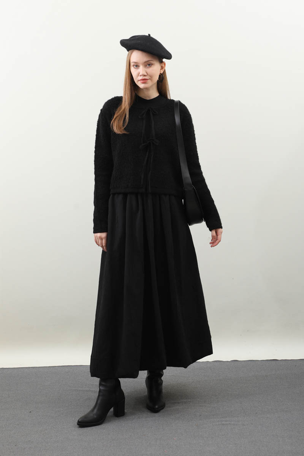 Bağlamalı Peluş Triko Kazak Siyah - 1