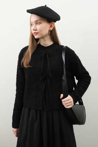 Bağlamalı Peluş Triko Kazak Siyah - 3