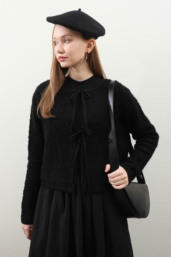 Bağlamalı Peluş Triko Kazak Siyah - 3