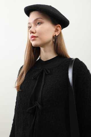 Bağlamalı Peluş Triko Kazak Siyah - 4