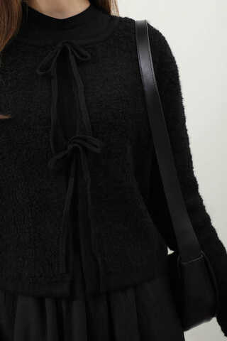 Bağlamalı Peluş Triko Kazak Siyah - 5