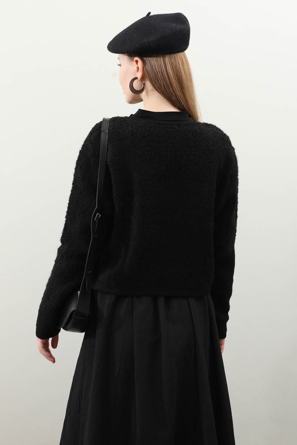 Bağlamalı Peluş Triko Kazak Siyah - 6