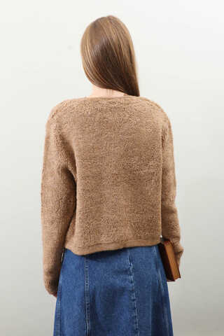 Bağlamalı Peluş Triko Kazak Taba - 6