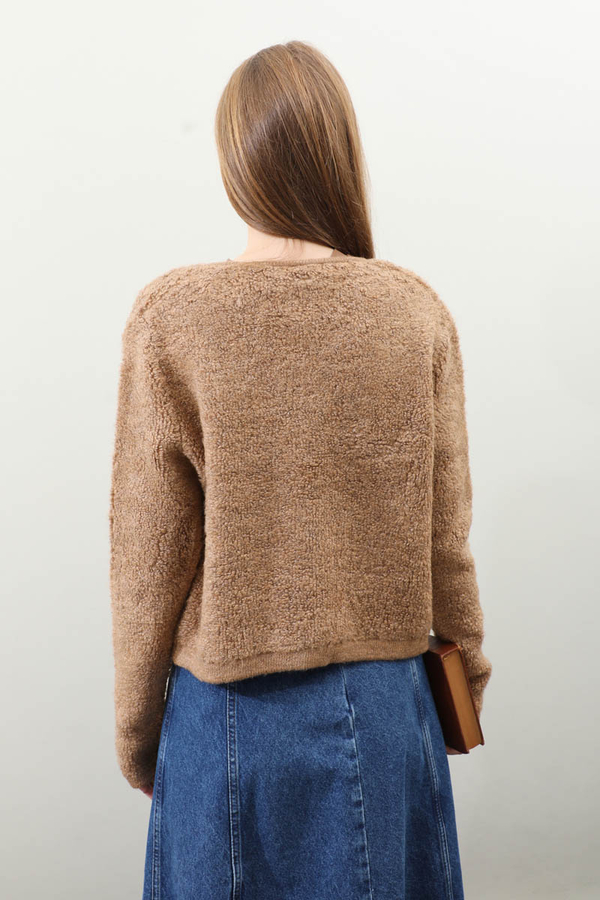 Bağlamalı Peluş Triko Kazak Taba - 6