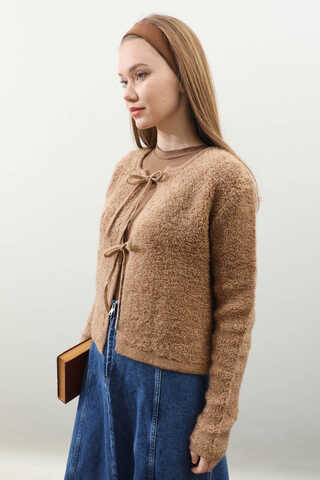 Bağlamalı Peluş Triko Kazak Taba - 3