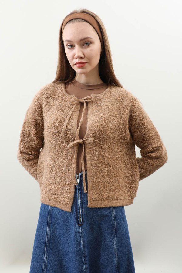 Bağlamalı Peluş Triko Kazak Taba - 1