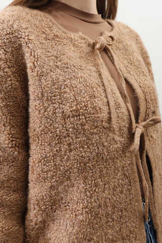 Bağlamalı Peluş Triko Kazak Taba - 4