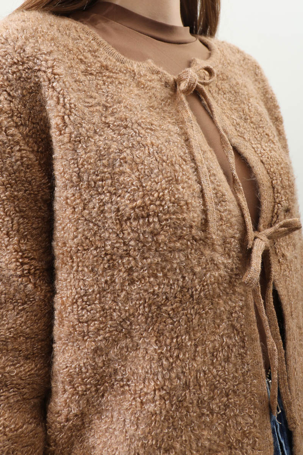 Bağlamalı Peluş Triko Kazak Taba - 4