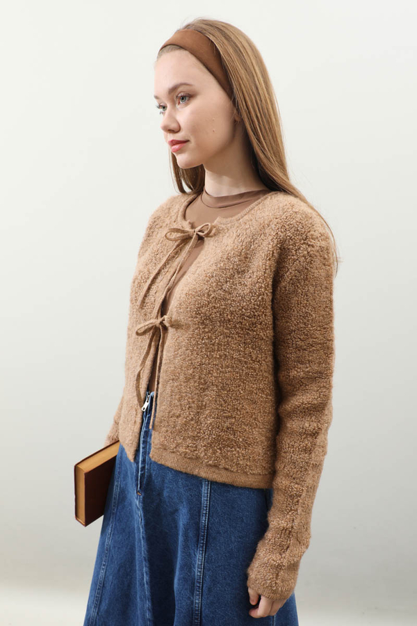 Bağlamalı Peluş Triko Kazak Taba - 3