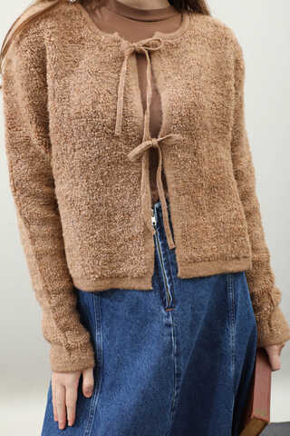 Bağlamalı Peluş Triko Kazak Taba - 5