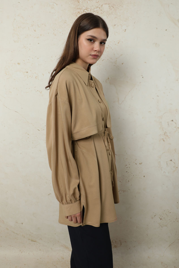 Bağlamalı Tunik Gömlek Bej - 4